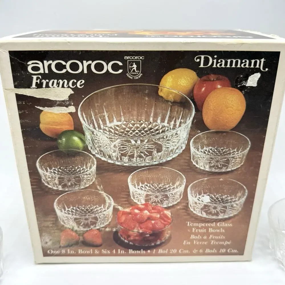 Vintage Arcoroc France Diamant 7 Piece Tempered Glass Salad Bowl Set France